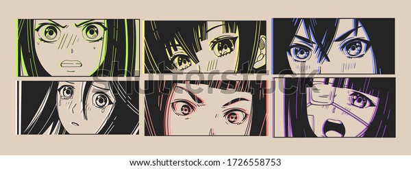 Six pairs of Asian Eyes look. Neon effect. Manga\
style. Japanese cartoon Comic concept. Anime characters. Hand drawn\
trendy Vector illustration. Pre-made prints. Every illustration is\
isolated