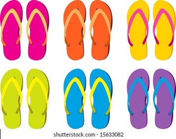 six pairs of colorful flip flops