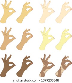 Six pairs of hands of different skin colors showing okay gesture, vector