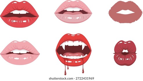 Sechs Lippenpaare mit Reißzähnen in verschiedenen Rot- und Rosa-Tönen, die verschiedene Ausdrücke und Farben zeigen