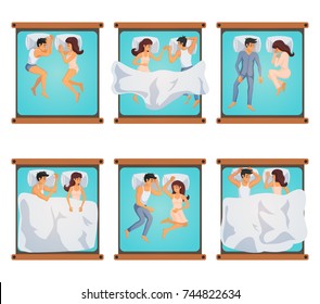 Six pairs of men and women on double bed in different sleeping poses isolated vector illustration 