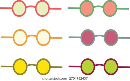 Six Pairs of Round Glasses in Various Colors on White Background spectacles eyewear
