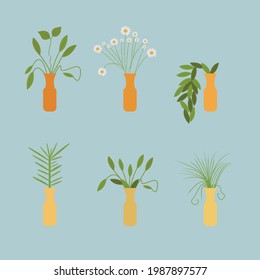 Six Pairs Set Of Unique Artistic Beautiful Organic Plant Pot Tress Flat Vector