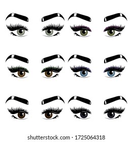 Six pairs of womans eyes, eyelashes and eyebrows.