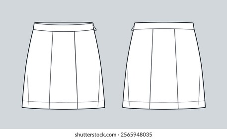 Six Panel Skirt technical fashion illustration. Mini Skirt fashion flat technical drawing template, side zipper, front and back view, white, women CAD mockup.