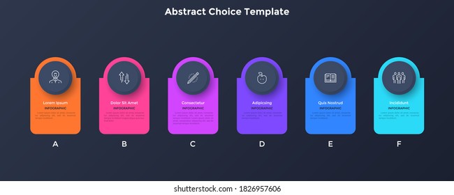 Six paper black circular elements placed in horizontal row. Concept of 6 successive steps of business development strategy. Abstract infographic design template. Vector illustration for presentation.