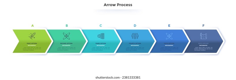 Six paper colorful overlapping arrows placed in horizontal row. Concept of 6 successive steps of progressive business development. Simple infographic design template. Vector illustration.