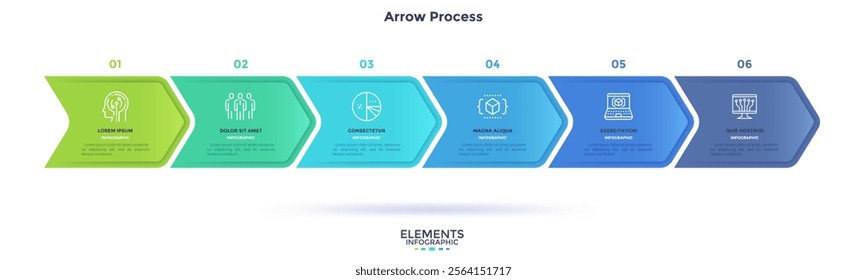 Six paper colorful overlapping arrows placed in horizontal row. Concept of 6 successive steps of progressive business development. Simple infographic design template. Vector illustration.