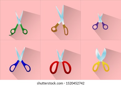 Six paper cut scissors on a pink background, with shadows,vector.