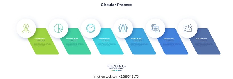 Six paper elements placed in horizontal row. Concept of 6 steps of startup project development. Flat infographic design template. Simple vector illustration for business data visualization.