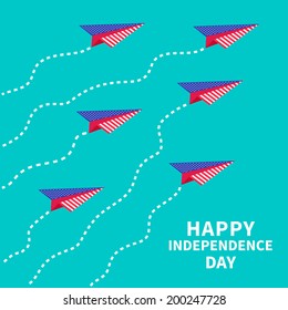 Six paper planes with dash line. Happy independence day United states of America. 4th of July. Vector illustration