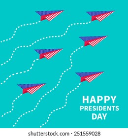 Six paper planes. Dash line  Presidents Day background Vector illustration