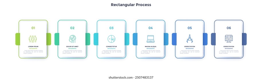 Six paper rectangular elements process infographic design template. Business success infochart with icons. Progress chart with 6 options. Visual data presentation
