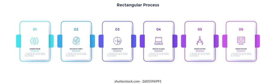 Six paper rectangular elements process infographic design template. Business success infochart with icons. Progress chart with 6 options. Visual data presentation