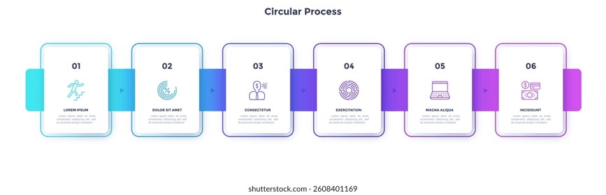 Six paper rectangular elements process infographic design template. Business success infochart with icons. Progress chart with 6 options. Visual data presentation