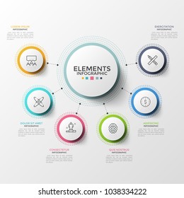 Six paper white circles with thin line symbols inside connected to main round element. Concept of 6 characteristics of provided service. Modern infographic design template. Vector illustration.