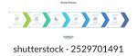 Six paper white overlapping arrows placed in horizontal row. Concept of 6 successive steps of progressive business development. Simple infographic design template. Abstract vector illustration.