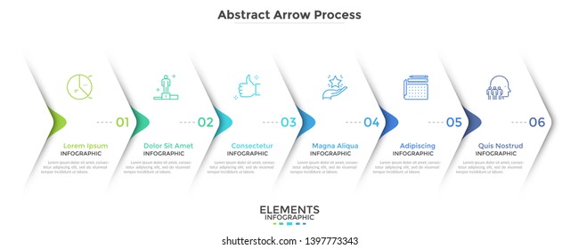 Six paper white overlapping arrows placed in horizontal row. Concept of 6 successive steps of progressive business development. Simple infographic design template. Abstract vector illustration.