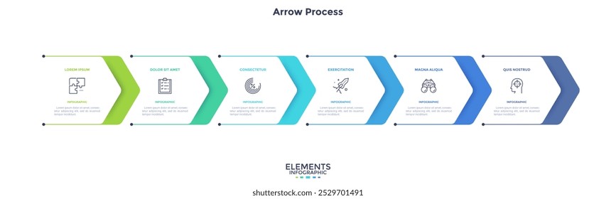 Seis setas sobrepostas brancas em papel colocadas na linha horizontal. Conceito de 6 etapas sucessivas de desenvolvimento empresarial progressivo. Modelo de design infográfico simples. Ilustração vetorial abstrata.