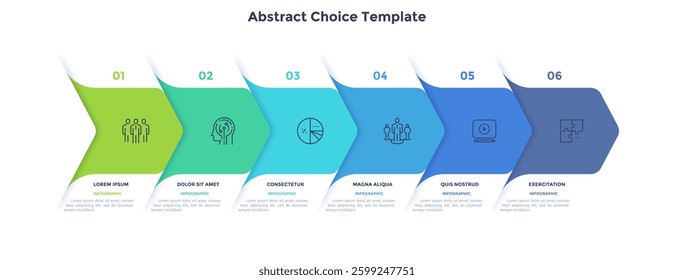 Six paper white overlapping arrows placed in horizontal row. Concept of 6 successive steps of progressive business development. Simple infographic design template. Abstract vector illustration.