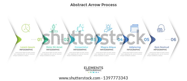 横に並んだ6つの白い重なり矢印 6段階の段階的なビジネス展開のコンセプト 簡単なインフォグラフィックデザインテンプレート 抽象的なベクターイラスト のベクター画像素材 ロイヤリティフリー