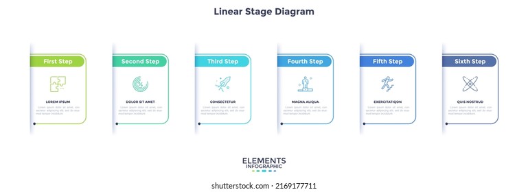 Six Paper White Rectangular Elements Placed In Horizontal Row. Concept Of 6 Steps Of Business Development Process. Simple Infographic Design Template. Modern Linear Vector Illustration For Report.