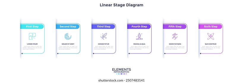 Seis Elementos rectangulares blancos de papel colocados en fila Horizontal. Concepto de 6 pasos del proceso de desarrollo empresarial. Plantilla de diseño infográfico simple. Ilustración vectorial lineal moderna para el informe.