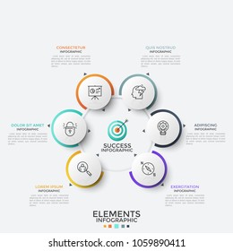 Six paper white round elements with thin line icons inside placed around main circle. Concept of 6 features of successful marketing. Modern infographic design template. Vector illustration for report.