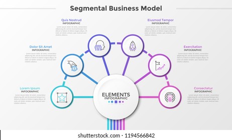 Six paper white round elements with thin line symbols inside surround main circle in center. Concept of segmental business model with 6 steps. Modern infographic design template. Vector illustration.