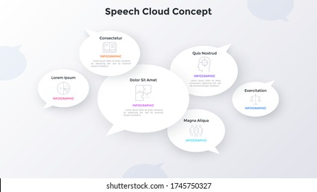 Six paper white speech bubbles. Concept of 6 statements, quotes, sayings or messages. Simple infographic design template. Modern flat vector illustration for business information visualization.