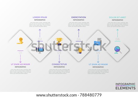 Six paper white square elements with colorful flat symbols inside, numbers arranged into horizontal row and arrows pointing at text boxes. Creative infographic design template. Vector illustration.