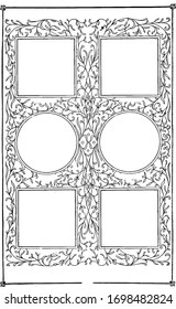 Six part frame have leaves background pattern, vintage line drawing or engraving illustration.