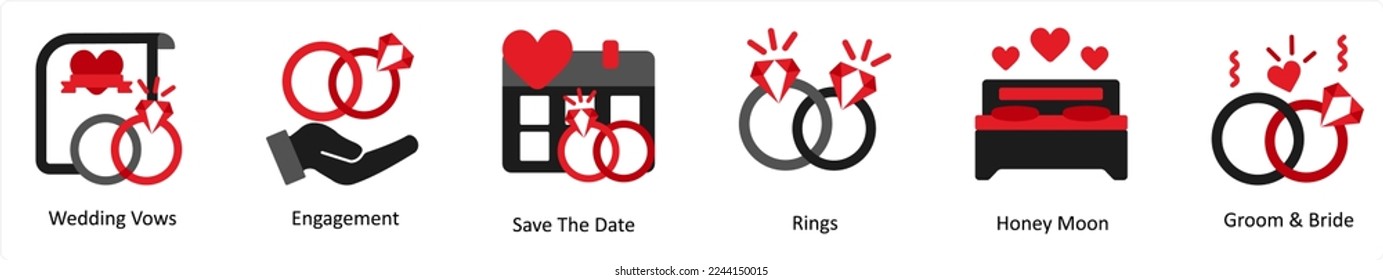 Six party icons in red and black as wedding vows, engagement, save the date