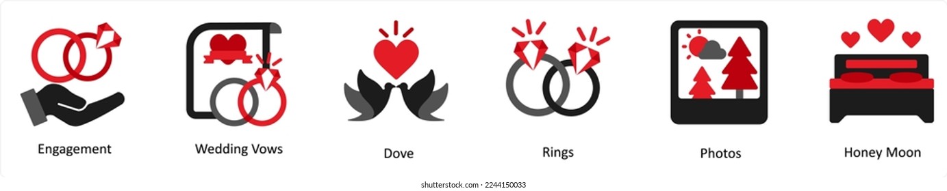 Six party icons in red and black as engagement, wedding vows, dove