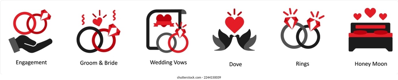 Six party icons in red and black as engagement, groom and bride, wedding vows