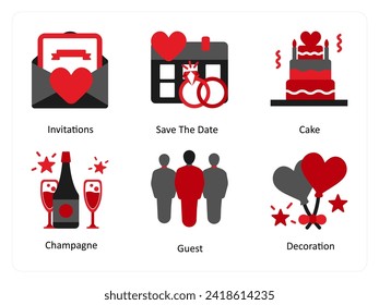 Six party icons in red and black as invitations, save the date, cake