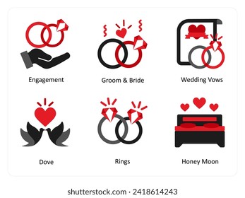 Six party icons in red and black as engagement, groom and bride, wedding vows