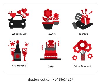 Six party icons in red and black as wedding car, flowers, presents