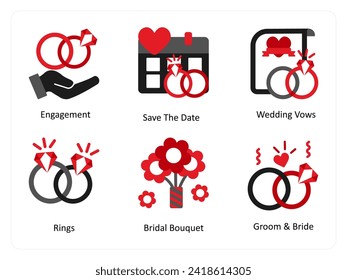 Six party icons in red and black as enagement, save the date, wedding vows