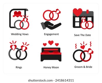 Six party icons in red and black as wedding vows, engagement, save the date