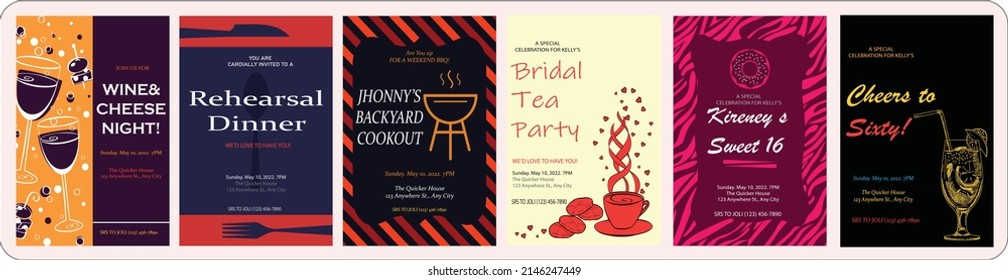 six party invitation templates posters. Vector templates for stories. Vector illustration for dinner and lunch invitation poster with sample text
