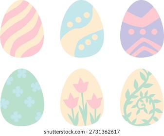Sechs pastellfarbene Ostereier mit verschiedenen Mustern, niedliches Frühlings-Clipart-Set