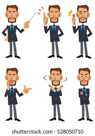 Six pattern poses and gestures of a businessman who can handle a beard