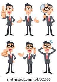 Six patterns of pose and gesture of businessmen wearing glasses