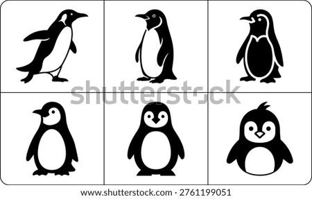 Six penguin icons with distinct poses and expressions set against white background using bold simplistic graphic style