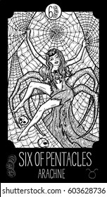 Six of pentacles. Arachne. Minor Arcana Tarot card. Fantasy line art illustration. Engraved vector drawing. See all collection in my portfolio set