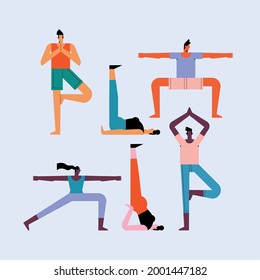 six persons practicing yoga characters