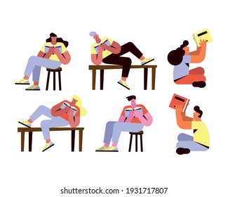 six persons reading books characters