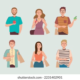 six persons vegans with apples characters