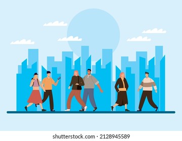 seis personas caminando por la ciudad